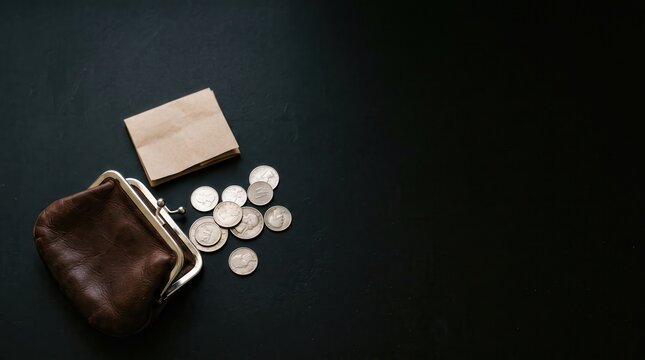 Leather wallet with scattered coins and paper note on dark surface. Minimalist composition representing financial literacy and frugality.