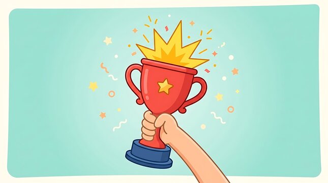 Hand holding red trophy cup with yellow star celebrating victory and success in flat illustration