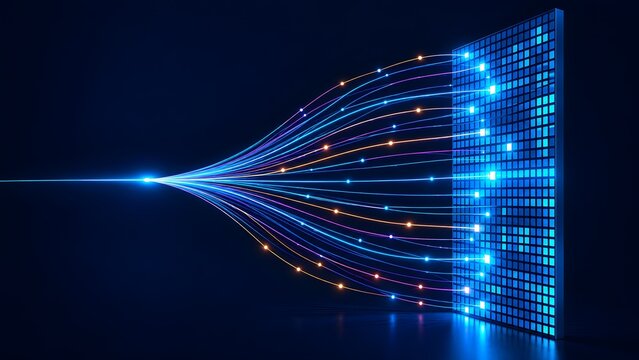 Glowing data streams connecting to a digital matrix wall representing fast information transfer and network infrastructure