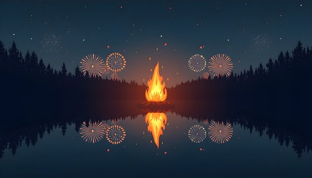 Flat vector night landscape showing a bright Bonfire Night fire reflected in a calm lake, colorful fireworks reflected below the horizon, dark woodland silhouette, rich navy and burnt orange palette,.
