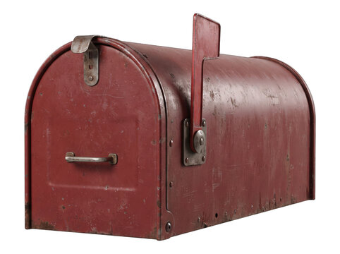 Old rustic red metal mailbox with raised flag post box mail box letter box postal service mail delivery rural mailbox vintage mailbox weathered delivery correspondence as PNG asset