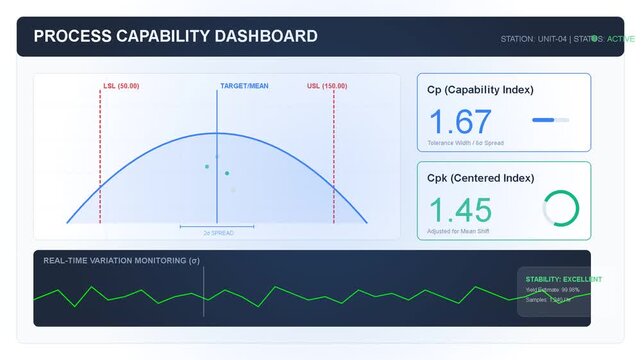 process capability dashboard interface, statistical quality control metrics, bell curve distribution analysis, manufacturing efficiency tracking, data visualization software