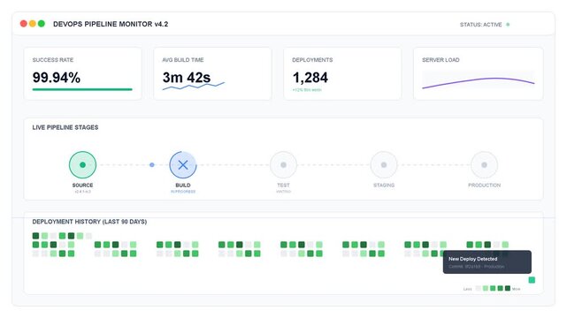 Data analytics dashboard interface showing process flow, status tracking, performance metrics, workflow management, statistics