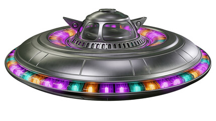 Metallic flying saucer spacecraft with glowing colorful neon lights © Bastien