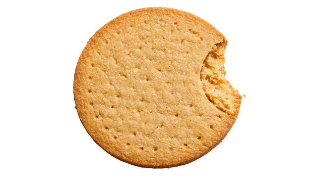 Round golden brown digestive biscuit with a single bite mark