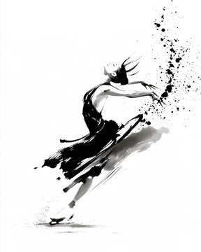 Female figure skater gliding in a graceful backbend in sumi-e ink