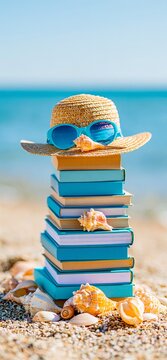 Straw hat and books on beach, summer reading vacation. Stacked books and a straw hat with seashells on a sandy beach by the ocean