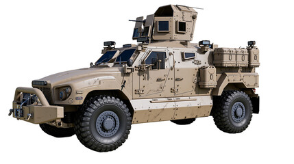 Tan armored military tactical vehicle with turret and heavy duty offroad tires © Torben