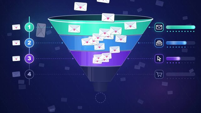 Email marketing funnel with falling envelopes, four nurture stages, drop-off and conversion coins, 4K animation