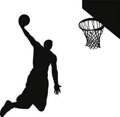 Silhouette of a Basketball Player Dunking a Ball into a Hoop on White Background vector illustration © Mstnajma