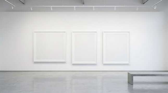Modern Museum Gallery Exhibition Interior Mockup with Three Large Blank Frames