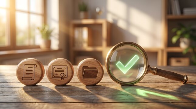 Certification symbols and glowing check mark under magnifier.