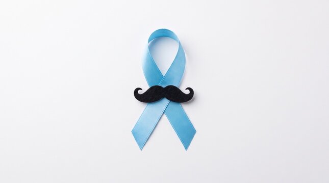 Light blue awareness ribbon with a black felt mustache on a clean white background, symbolizing men's health and prostate cancer awareness month