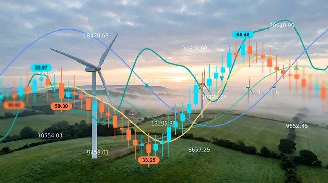 Aerial view of wind turbines in a rural field with overlaid digital financial stock market data charts representing green energy investment growth.