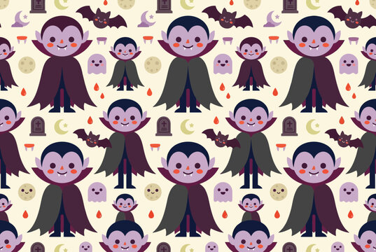 Seamless pattern with cute cartoon vampires and flying bats.