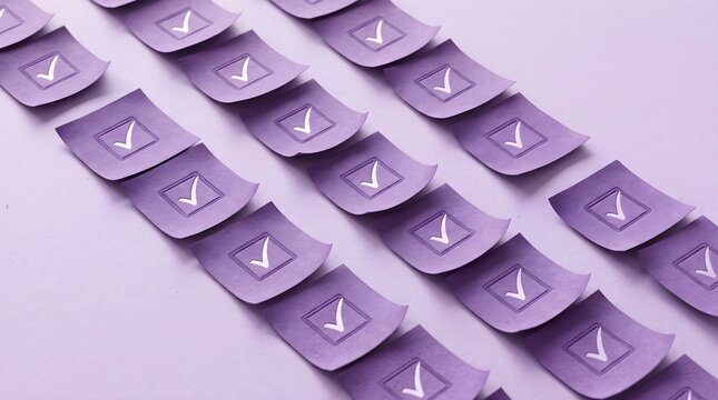 Checklist sticky notes with tick marks on purple background.