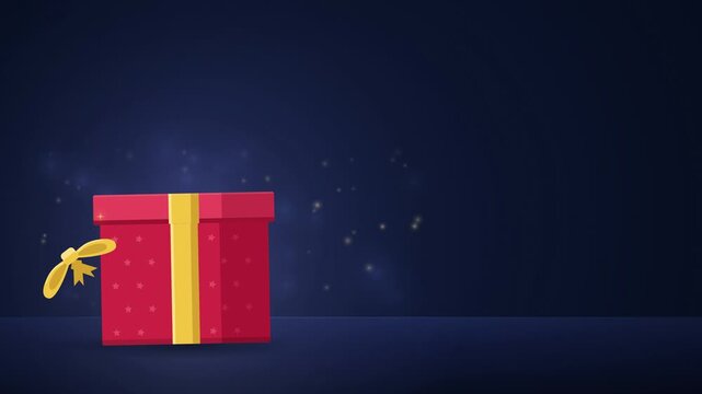 Red gift box with gold bow sways, hops and opens in a burst of confetti and golden sparkles, flat animation
