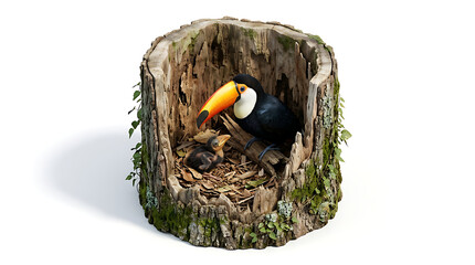Fototapeta premium Toucan bird sitting near chick in tree hollow nest with mossy bark for wildlife illustrations and natural education.