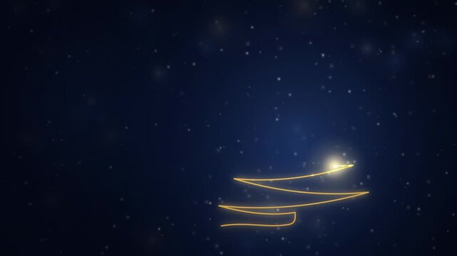 Christmas tree drawn in one glowing gold line on a navy night sky with falling sparkles, 4K animation