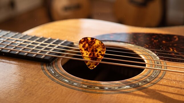 Single Guitar Pick Positioned on Wooden Acoustic Guitar With Detailed Strings for Music Equipment Advertising and Creative Inspiration