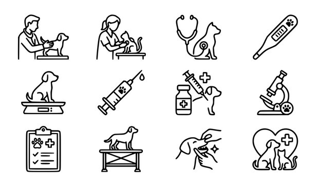 Veterinary examination and animal healthcare vector icon set for pet clinic