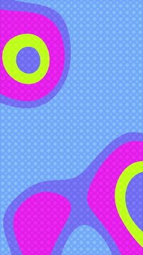 Vibrant abstract pattern with fluid neon shapes on a blue dotted background.