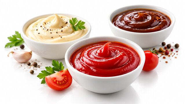 Trio of bowls with ketchup mayonnaise and barbecue sauce isolated on white background.
