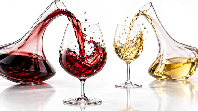 Red and white wine pouring from decanters into glasses isolated on white background.