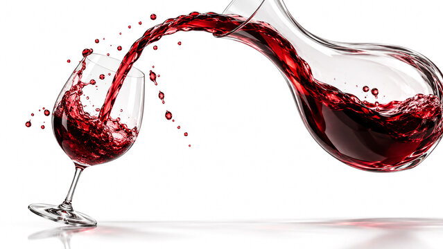 Red wine pouring dynamically from glass decanter into wineglass isolated on white background.