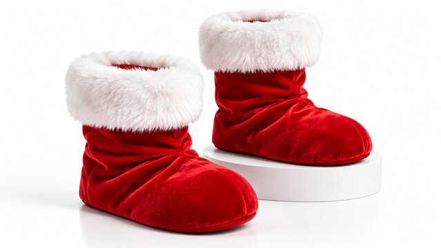 Pair of cozy red velvet Santa slippers with white plush fur trim isolated on background.