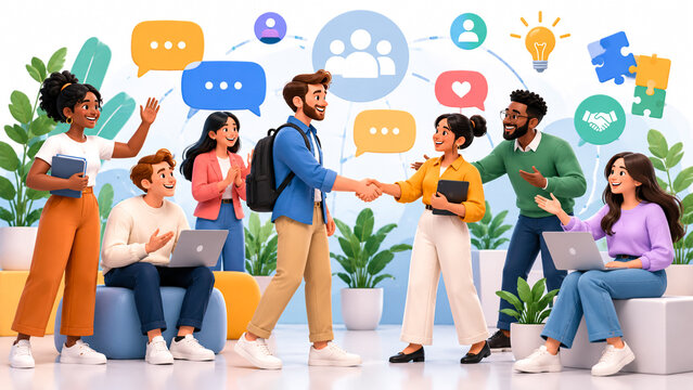 Diverse 3d business team welcoming new colleague with handshake and collaboration icons.