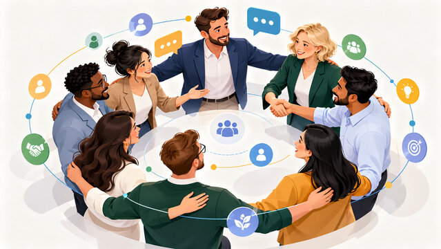 Diverse business team standing in circle embracing each other with global network icons around.