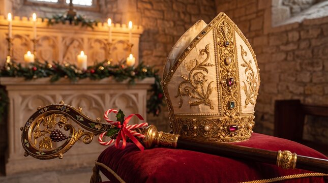 Saint Nicholas Day. Ceremonial mitre and staff with lollipops on the altar