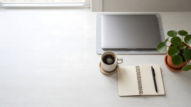 Clean minimal workspace with laptop, coffee, notebook, and plant.