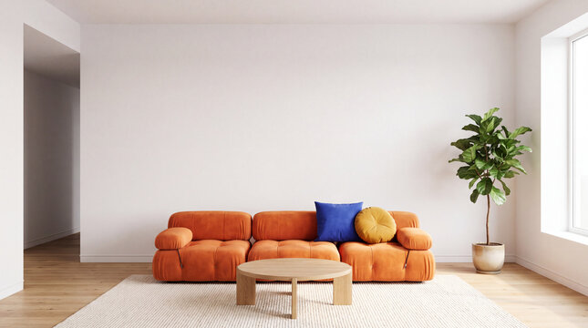 Open plan living room with orange modular sofa, oak coffee table, cushions and fiddle leaf fig tree
