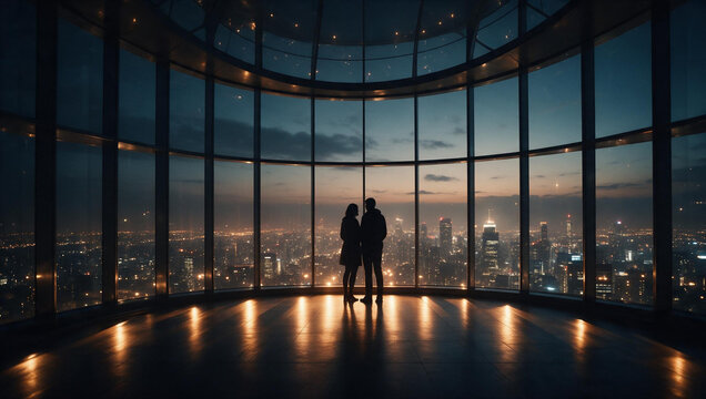 Couple Overlooking Illuminated City Skyline at Night