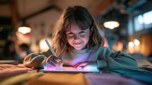 Happy Girl Drawing on Digital Tablet with Stylus