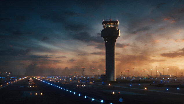 Airport Control Tower on Runway at Sunset