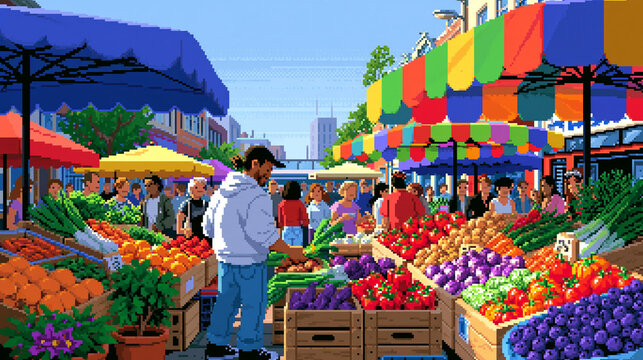 Pixel Art Illustration of Busy Outdoor Farmers Market