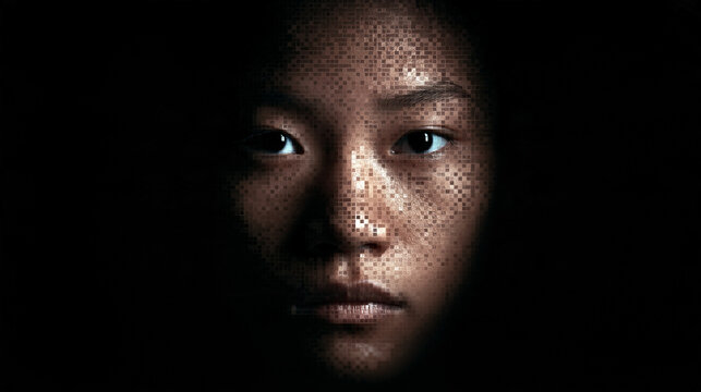 Facial Recognition and Digital Identity Concept with Asian Woman