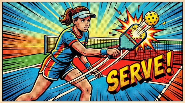 Pop Art Illustration of Female Athlete Serving Pickleball