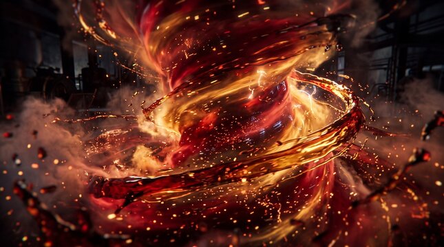 Fiery Liquid Vortex Swirling with Glowing Sparks and Smoke