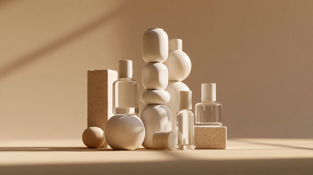 Cosmetic Bottles and Minimalist Stone Pedestals for Product Display