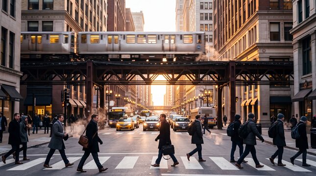 Commuters Crossing Street Under Elevated Train in City
