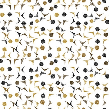 Seamless pattern of stylized birds and decorative ornaments