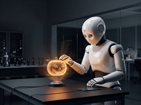 White humanoid robot in modern laboratory interacting with glowing holographic Halloween pumpkin projection on table