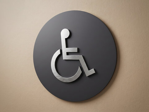 A sleek silver and dark gray anti microbial accessibility sign mounted on a textured beige wall interior.