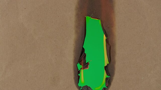 Burning Paper With Green Screen Background. Burning coarse paper opens onto green screen with blackened edges small flames and lingering embers suited to visual effects compositing.