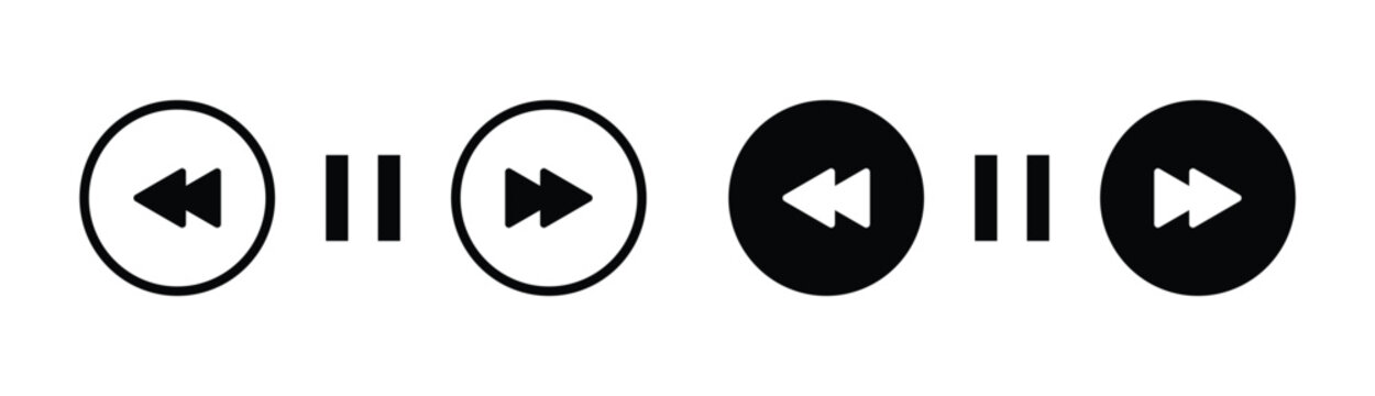Set of media player control icons including rewind, pause, and fast forward buttons in outline and solid black styles