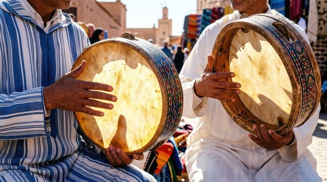 Traditional Moroccan Musicians Playing Bendir Drums in a Vibrant Outdoor Market Souk Setting
